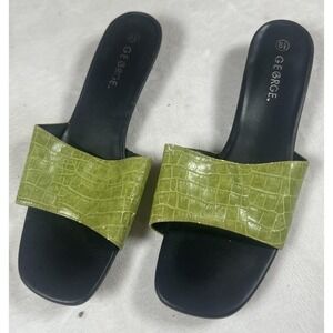 George Sandals Womens Size 8.5 Green Croc Embossed Slide Wedge Heel Shoes